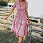 Women's Causal Striped Tassel Medium Long Dress V Neck Button Short Sleeve Spring Summer Dress