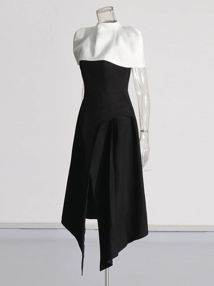 TWOTWINSTYLE Detachable Cloak Elegant Dresses For Women Square Collar Sleeveless High Waist Hit Color Split Dress Female Fashion