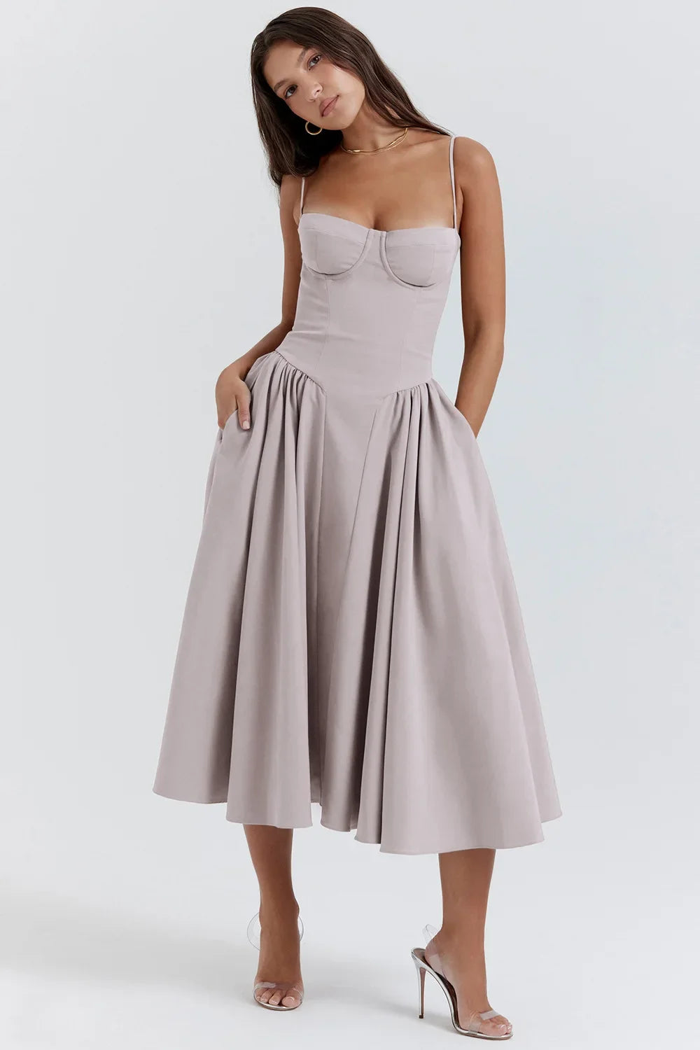 Women's French Style Long Dress with Solid/Floral/Checkered Multi Color Options Knee-Length Dress 2025 New Arrival