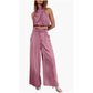 Women's Two Piece Pants Sets Open Navel Outfit Silk Pleated Texture Sleeveless Top Wide Leg Pants Set Summer Matching Sets 2024