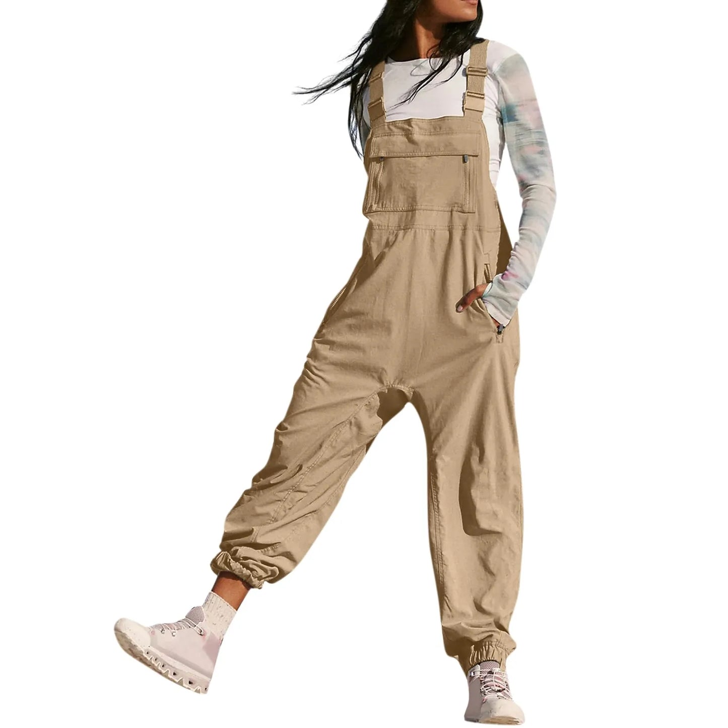 Women'S Jumpsuits Summer Fashion Casual Loose Wide Leg Jumpsuits Solid Color Insert Pockets Retro Button Strap Jumpsuits