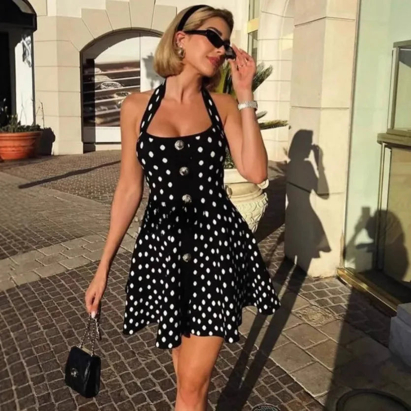 Tuularose Knit Backless Short Dress Women's High Waist Sleeveless Polka Dot Neck Dress Elegant Vintage Party Evening Dress 2025