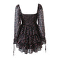 2022 Women Sexy Cross Bandage Black Flower Print Puff Long Sleeve Dress 3 layer Wood Ears Ruffles Hem Cake Mini Holiday Robe