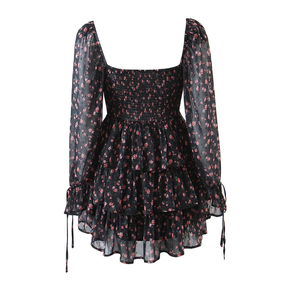 2022 Women Sexy Cross Bandage Black Flower Print Puff Long Sleeve Dress 3 layer Wood Ears Ruffles Hem Cake Mini Holiday Robe