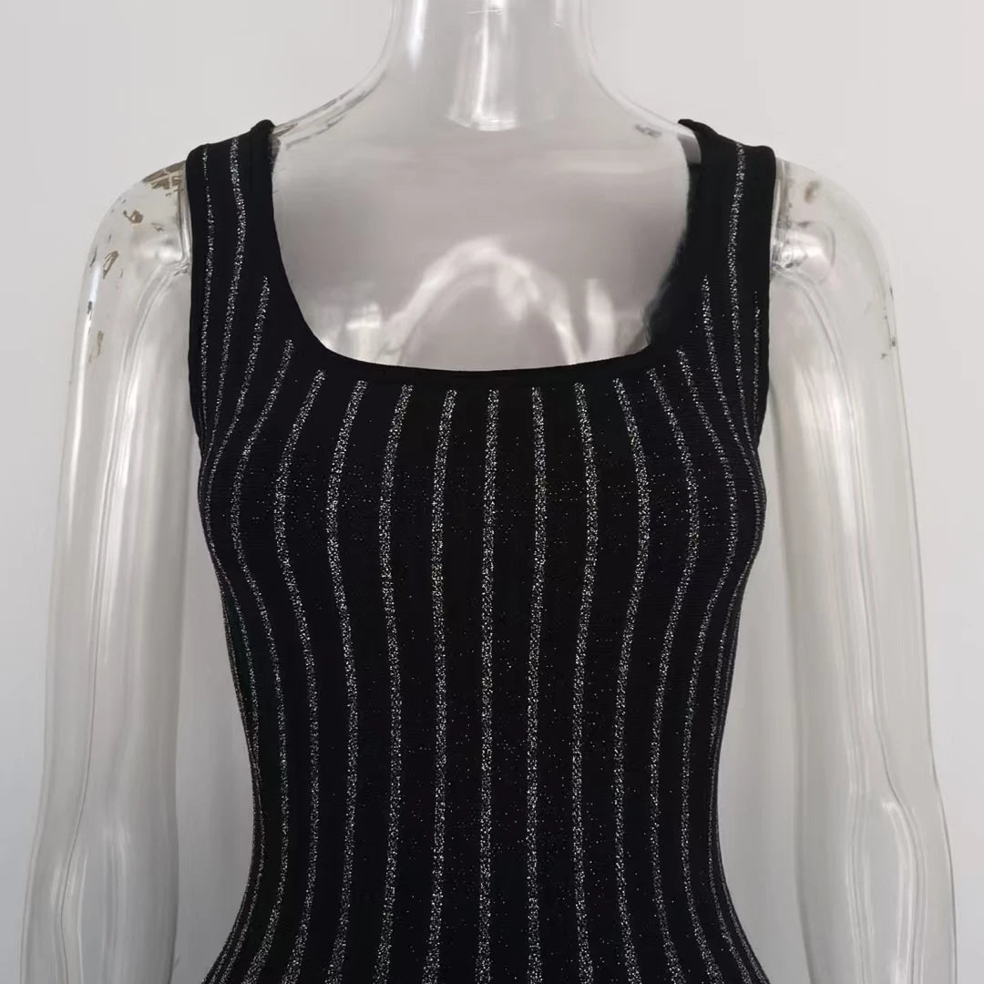 2024 Autumn Vintage Style High Quality Lady Sleeveless O-neckline Women Mini Short Knitted A-line Striped Dress