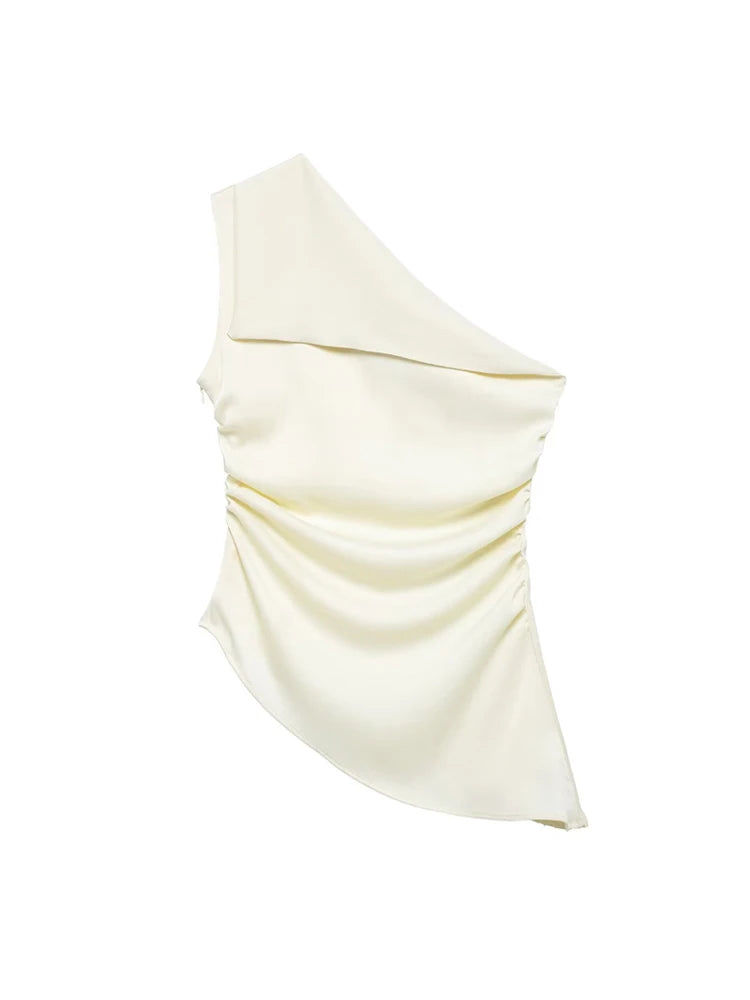 TRZA Women's Asymmetric Draped Blouse One Shoulder Side Zipper Chic Fashion Top Female Shirt