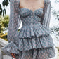 2022 Women Sexy Cross Bandage Black Flower Print Puff Long Sleeve Dress 3 layer Wood Ears Ruffles Hem Cake Mini Holiday Robe