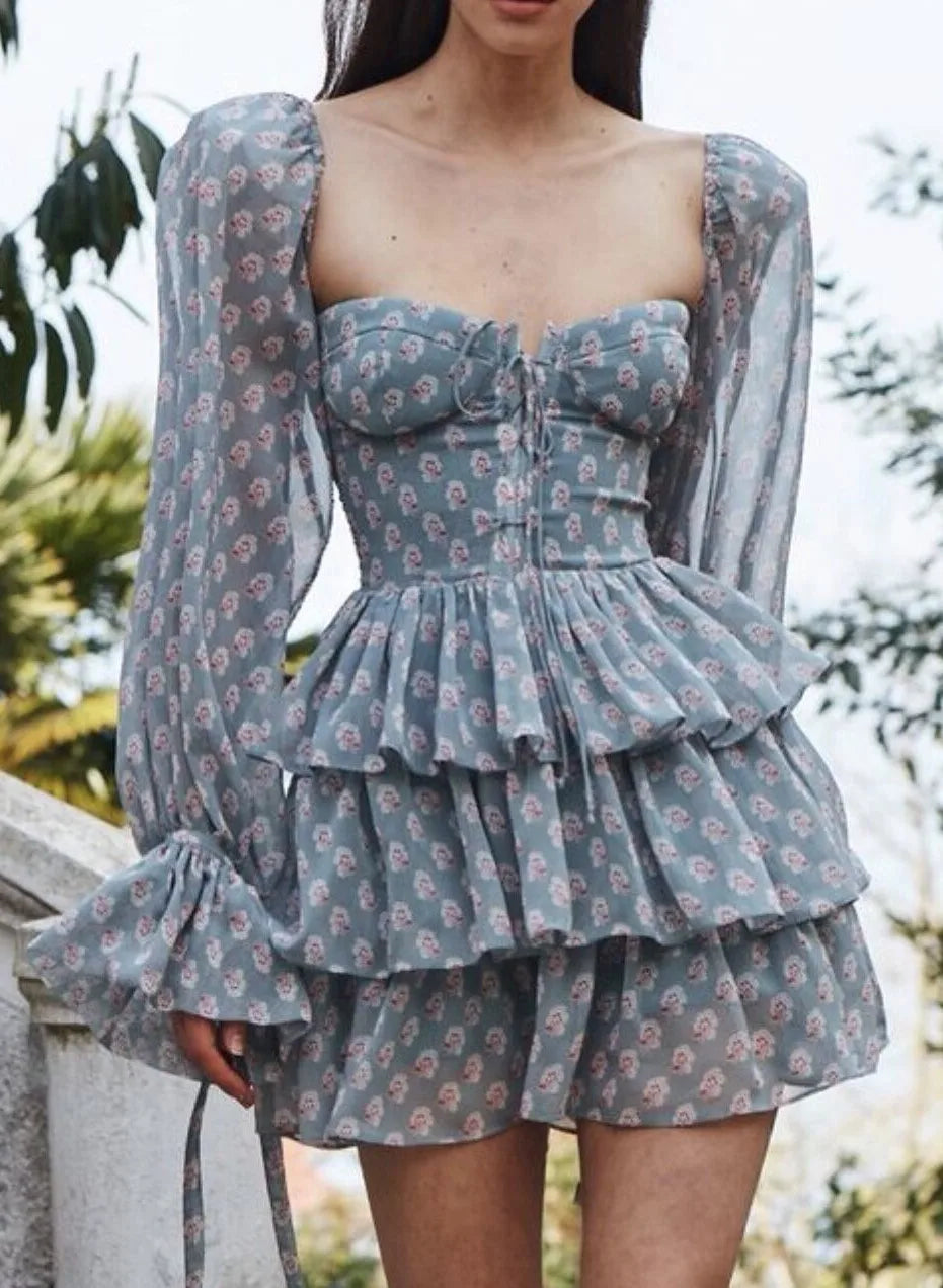 2022 Women Sexy Cross Bandage Black Flower Print Puff Long Sleeve Dress 3 layer Wood Ears Ruffles Hem Cake Mini Holiday Robe