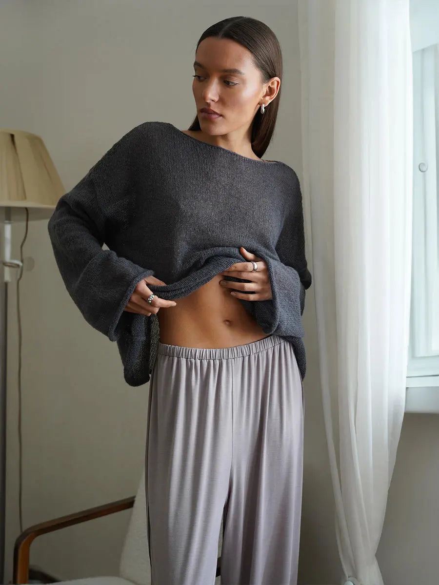 Original Fashion Hollow Out Knit Shirt Spring And Summer Women's Perspective Thin O-Neck Loose Elastic Long Sleeve Knit T-shirt