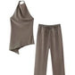 TRAFZA Women Vintage Solid Pant Sets Sexy Backless Halter Camis Top Asymmetric Tank Top + Drawstring Trousers Fashion Streetwear