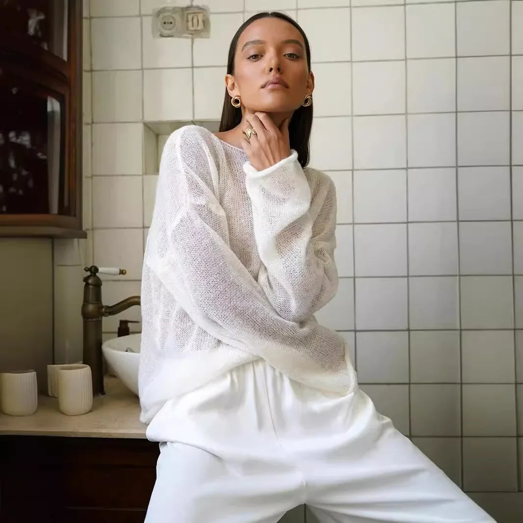 Original Fashion Hollow Out Knit Shirt Spring And Summer Women's Perspective Thin O-Neck Loose Elastic Long Sleeve Knit T-shirt
