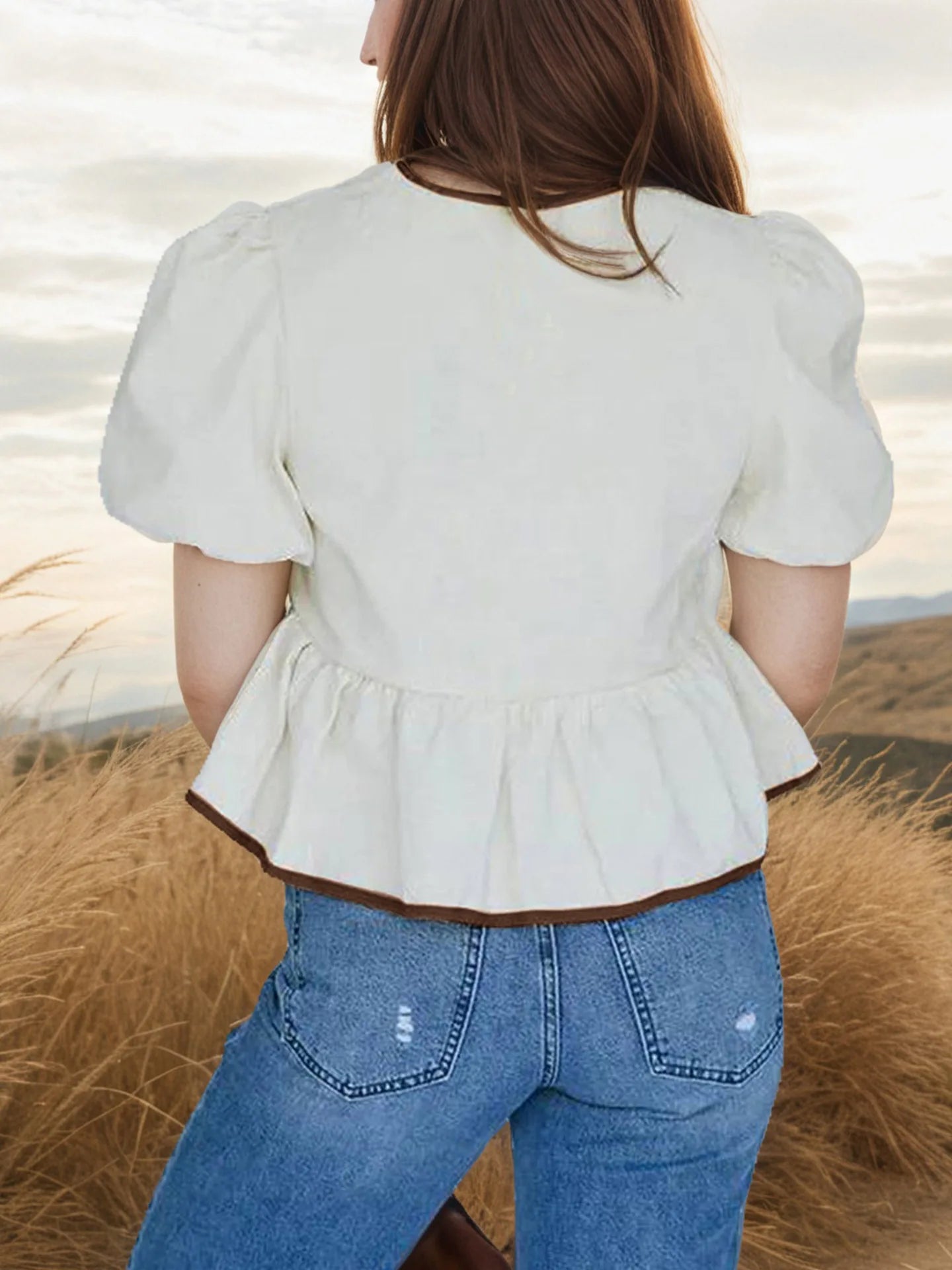 European and american foreign trade women's clothing2025New Women's Retro Bow Design Loose Puff Sleeves Shirt Short Sleeve