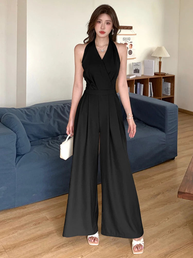 Fashion Elegant Women's Maxi Jumpsuits Style Formal Casual Hatler Bandage Bow Backless Long Pants Party Mujer Loose Rompers Lady