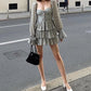 2022 Women Sexy Cross Bandage Black Flower Print Puff Long Sleeve Dress 3 layer Wood Ears Ruffles Hem Cake Mini Holiday Robe