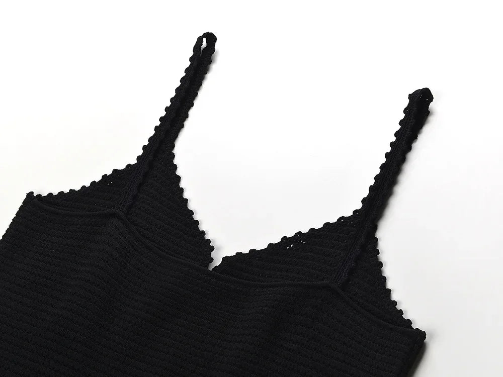 Black Spaghetti Strap Mermaid Dress Women's 2024 New Hollow Out Knitted Slim Mid-Calf Dresses