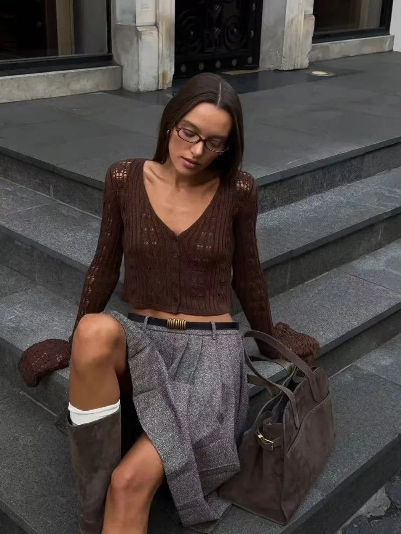 Trendix Summer Knit Long Sleeve Cardigan For Women V Neck Solid Bodycon Hollow Out Short Tops Party Club Slim Vacation Top Femme