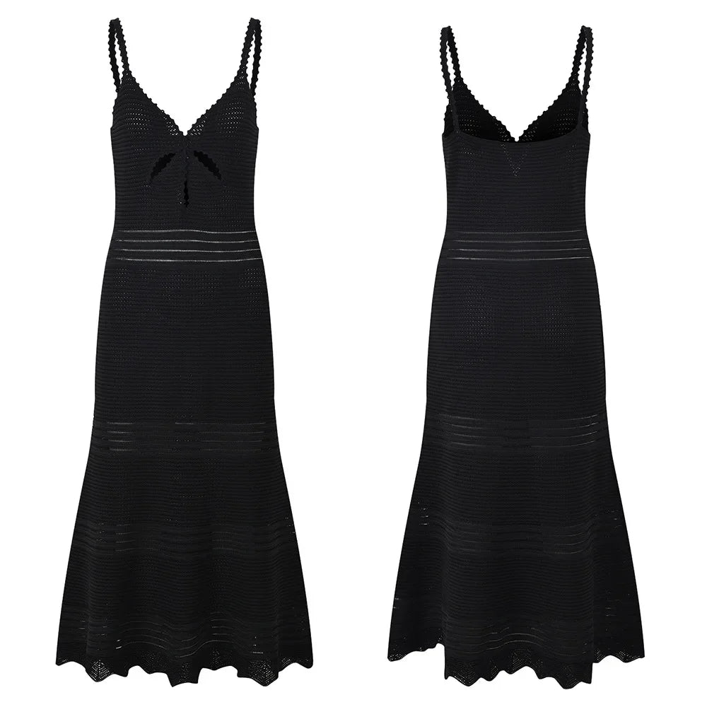 Black Spaghetti Strap Mermaid Dress Women's 2024 New Hollow Out Knitted Slim Mid-Calf Dresses