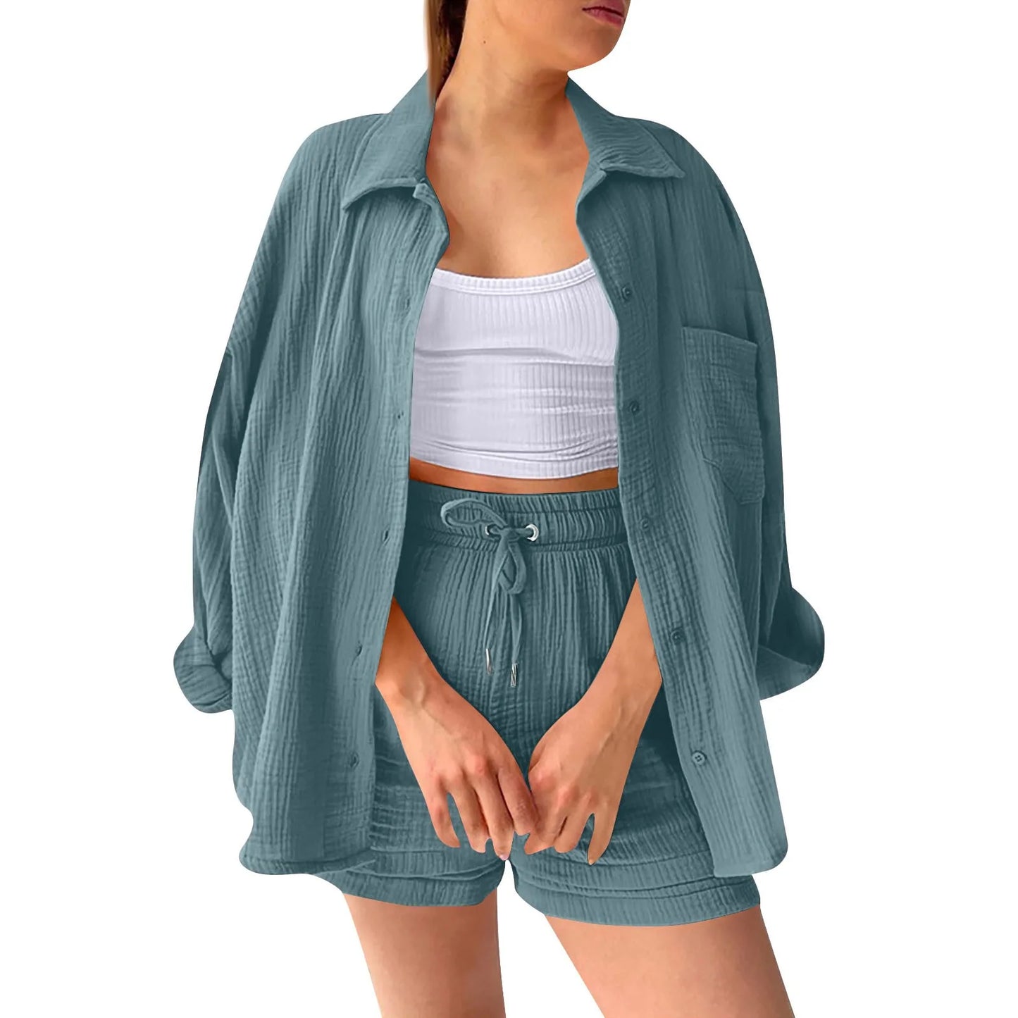 Summer Cotton Linen High Waist Shirt Shorts Women Turn Down Collar Long Sleeve Tops and Shorts Suit Cotton Casual Two Piece Sets