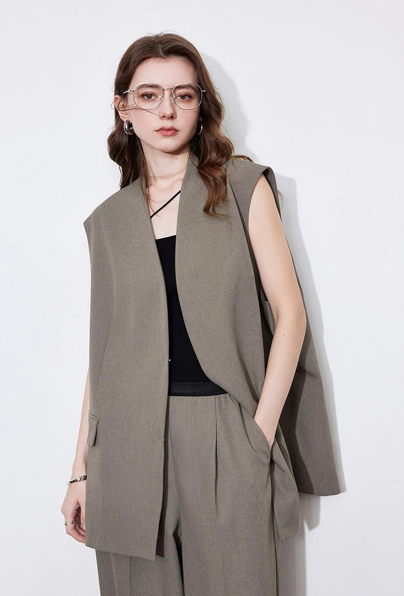 TOYOUTH Women Blazer 2025 Spring New Old Money Style Back Split Mid Length Sleeveless Elegant OL Workwear Jacket