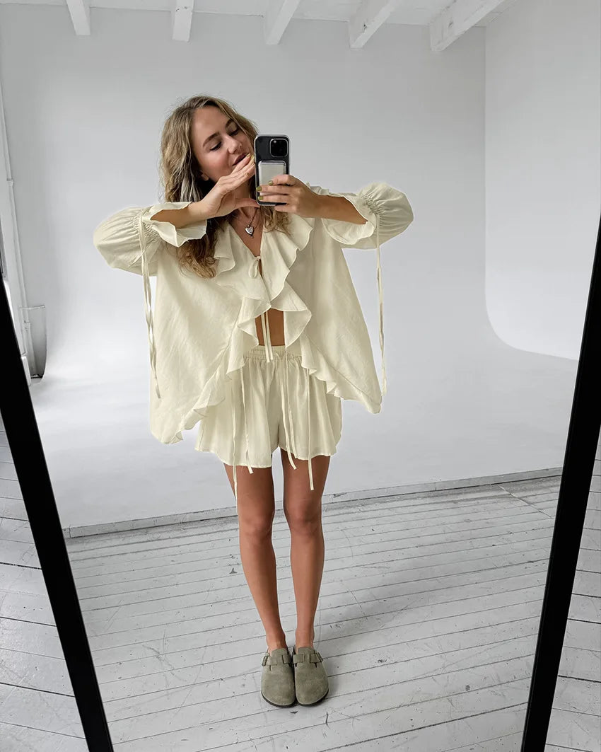 Tuularose New Casual Shorts Two-piece Set Women's Ruffled Loose Tie Top Simple Shorts Set Office Lady Summer Female Shorts Set