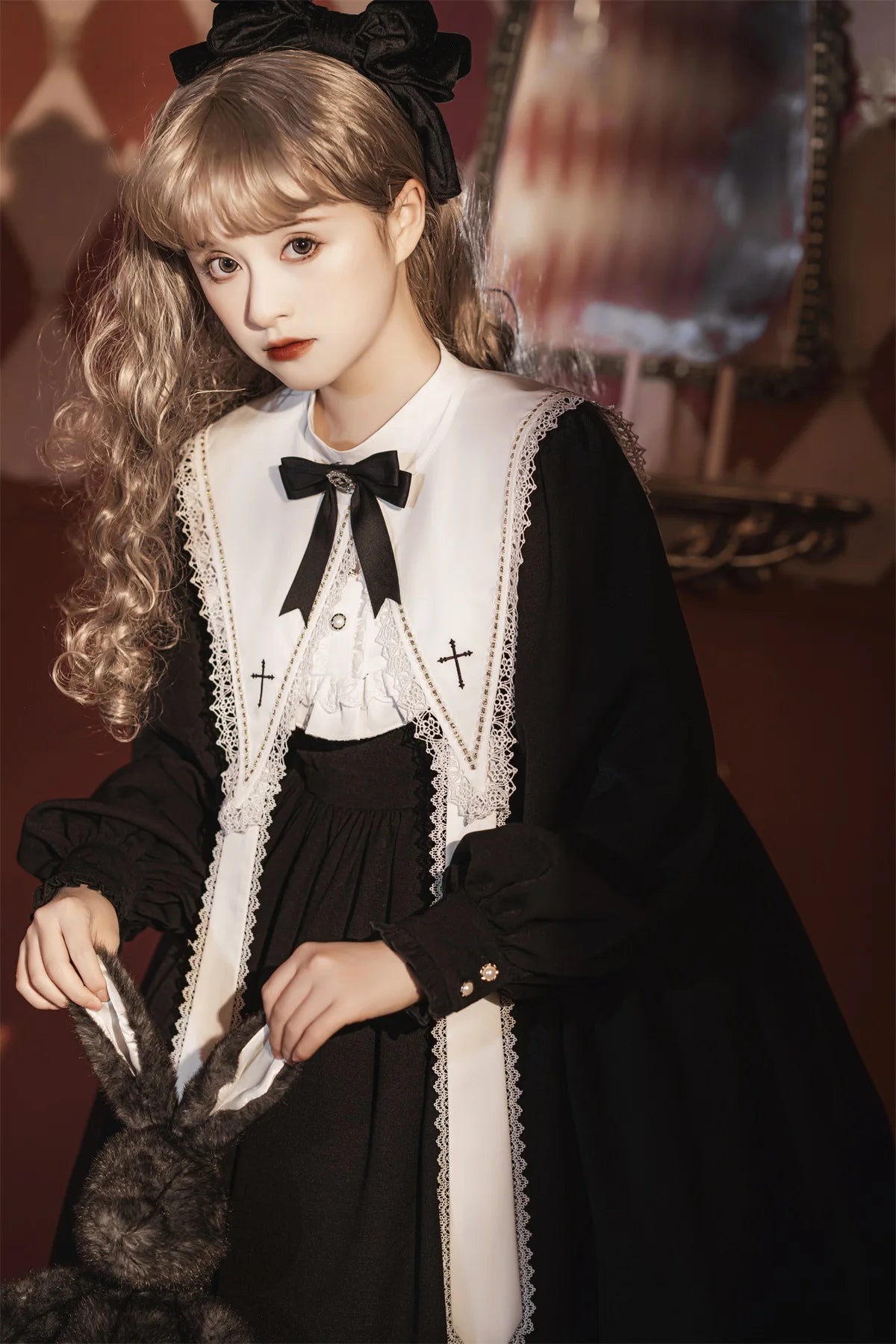 Contract Color Lolita Dress for Women Gothic Style Dark Girl Japanese Retro Op Dress Autumn and Winter Long Sleeve Black Dress