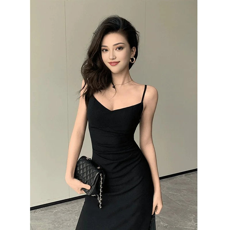 Korean V-Neck Spaghetti Strap Dress for Women Sexy Backless Waist-Tight Party Dresses Woman Elegant Black Sheer Midi Dress New