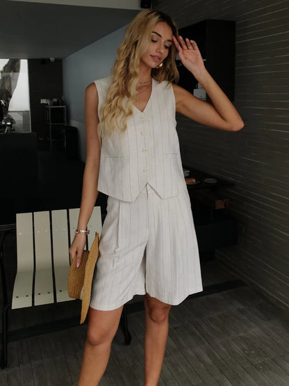 2025 Summer Casual Linen Striped Vest Shorts sets