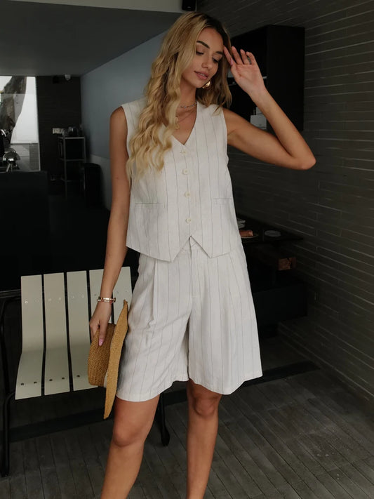 2025 Summer Casual Linen Striped Vest Shorts sets