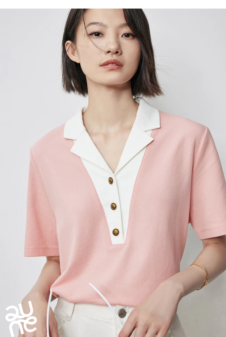 TOYOUTH Women Contrasting Colors POLO Collar T-shirt 2025 Summer New Short Sleeved Top