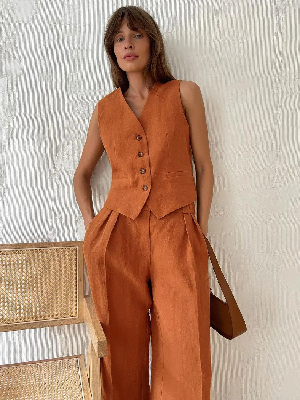 Cotton Linen Blend Vest Wide Leg Pants Suit Spring and Summer Women's Casual Fashion Sleeveless Vest Pleated Low Waist Pants Set
