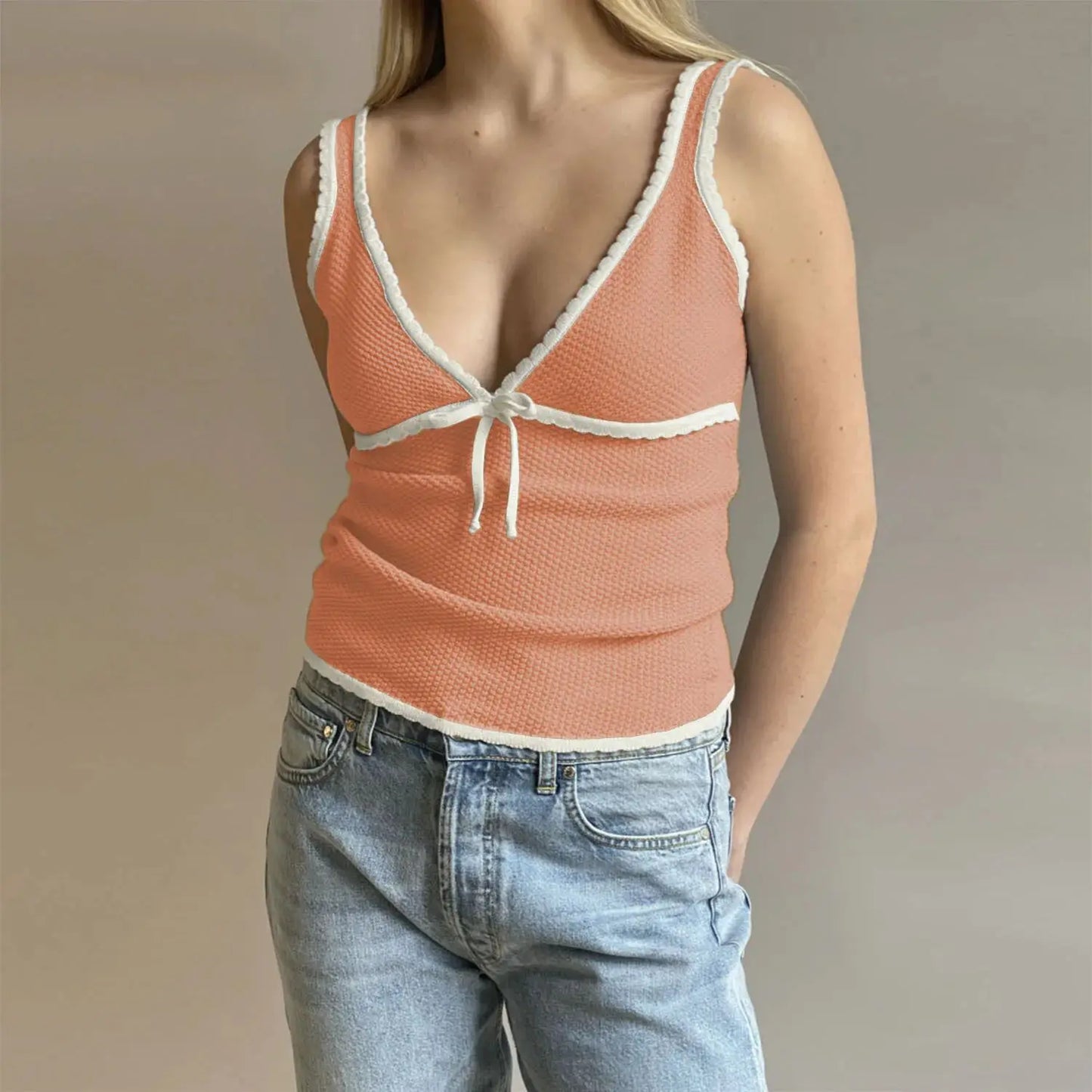 Bow V-neck Knitted Slim Crop Top Women Summer Patchwork Spaghetti Strap Sleeveless Tank Tops Casual Streetwear All-match Vests