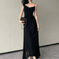 Korean V-Neck Spaghetti Strap Dress for Women Sexy Backless Waist-Tight Party Dresses Woman Elegant Black Sheer Midi Dress New