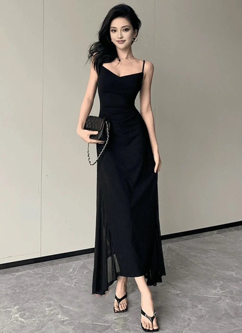 Korean V-Neck Spaghetti Strap Dress for Women Sexy Backless Waist-Tight Party Dresses Woman Elegant Black Sheer Midi Dress New