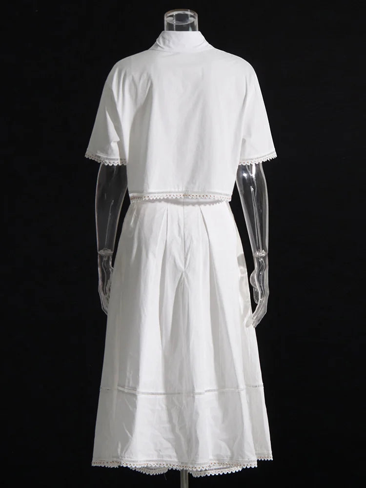 GALCAUR Elegant Two Piece Sets For Women Lapel Short Sleeve Tops High Waist A Line Pleated Skirts Solid Set Female Summer 2023