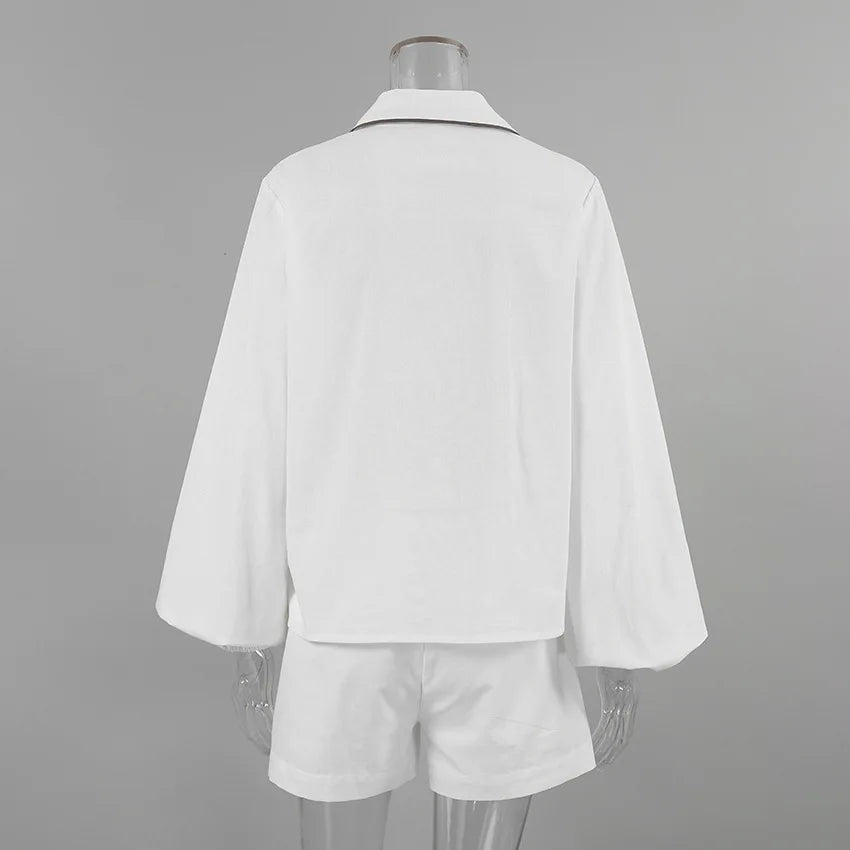 Bornladies 100% Cotton Casual Fashion Long Sleeve Set Summer Women's Pocket Black White Chic Shirt Shorts Loose Two-piece Set