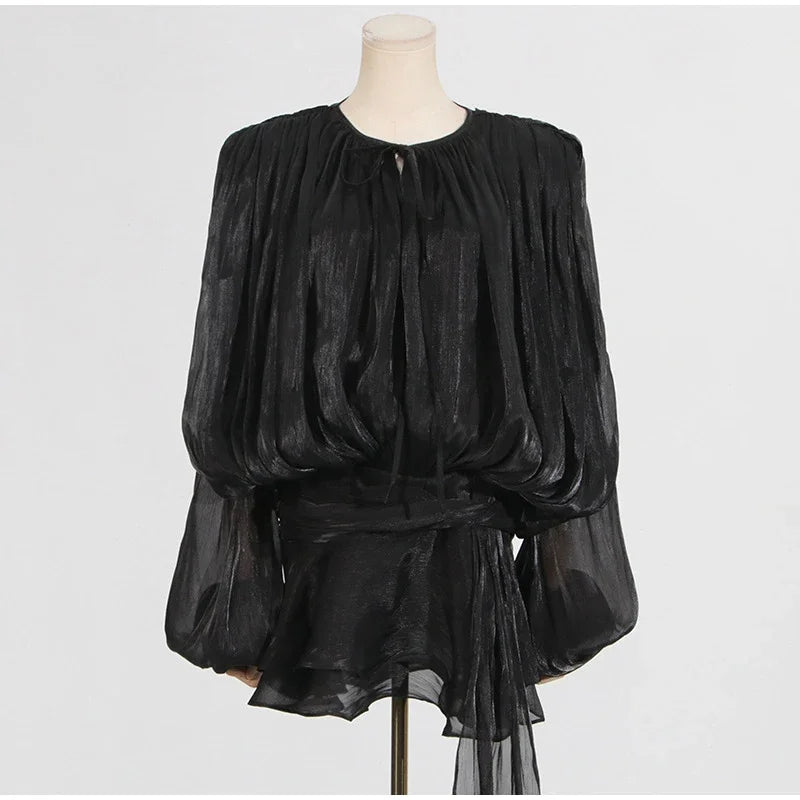 Luxury Elegant Mini Dress For Women V Collar Lace Up Blouse Dresses Long Sleeve Stacked Hem Vestido 2025 New Lady Women Clothing