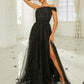 Missord Elegant Black Dot Tutu Evening Dress Women Off Shoulder Sleeveless A-line Thigh Split Party Dresses Long Prom Ball Gown
