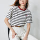 TOYOUTH Women Striped Short Sleeved T-shirt 2024 Summer New Academy Style Round Neck Top