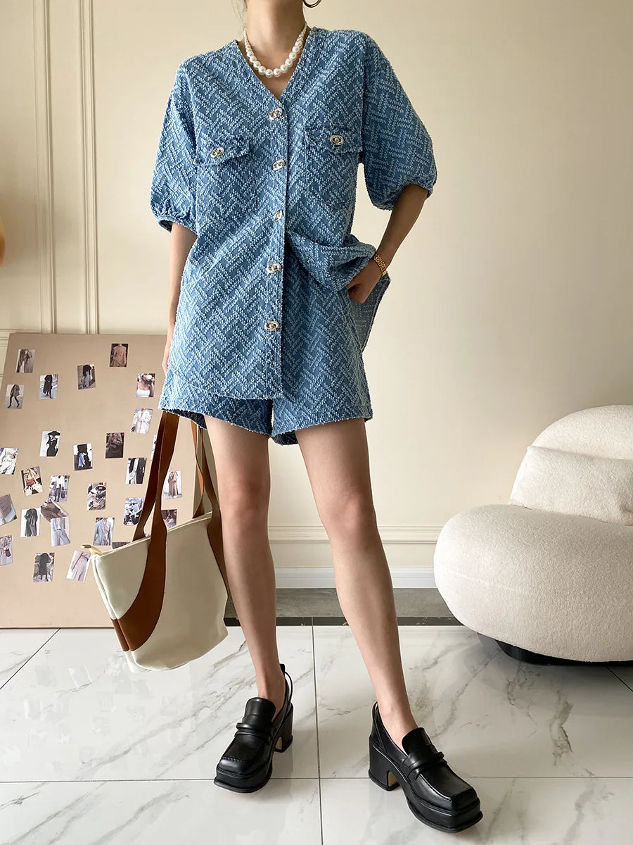 Women's Denim Short Sleeve Top and Shorts Two Piece Suit French Fashion Spring Summer Cowgirl Top Streetwear Korean Leisure New