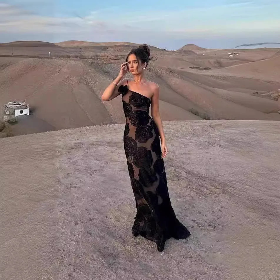 Mingmingxi Black Mesh Birthday Dress for Women 2024 One Shoulder Sexy Long Dress Slim Elegant Flower Wedding Guest Party Dresses