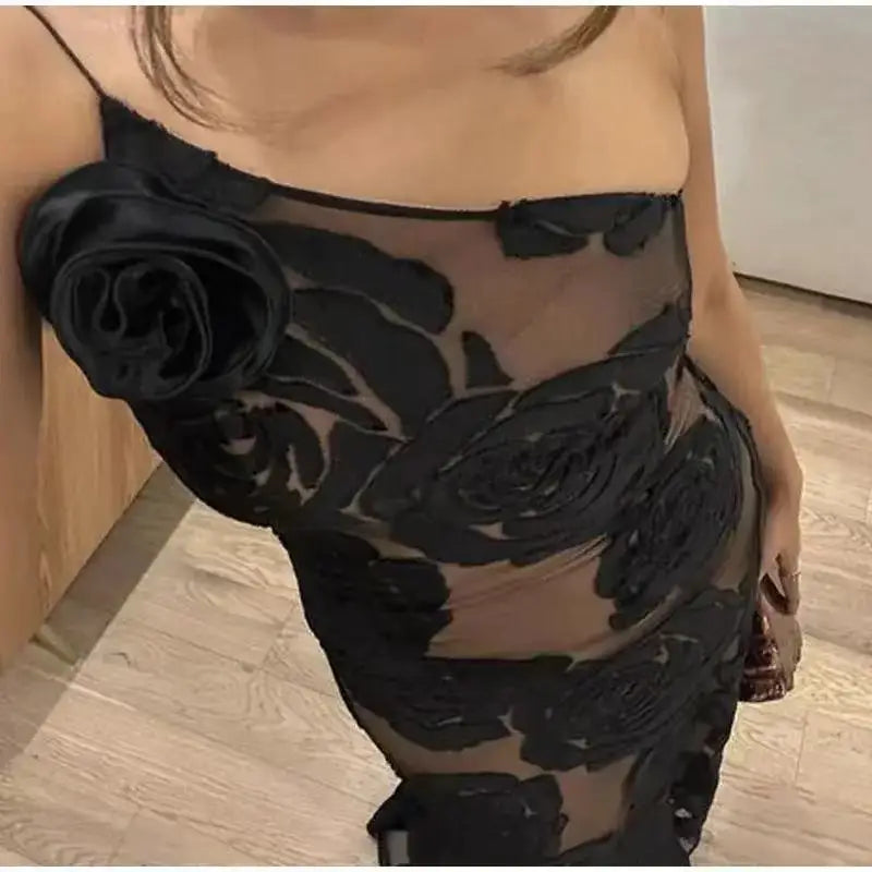 Mingmingxi Black Mesh Birthday Dress for Women 2024 One Shoulder Sexy Long Dress Slim Elegant Flower Wedding Guest Party Dresses