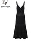Black Spaghetti Strap Mermaid Dress Women's 2024 New Hollow Out Knitted Slim Mid-Calf Dresses