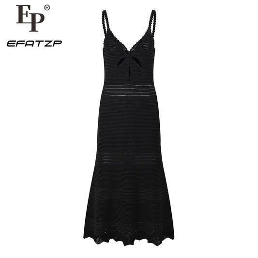 Black Spaghetti Strap Mermaid Dress Women's 2024 New Hollow Out Knitted Slim Mid-Calf Dresses
