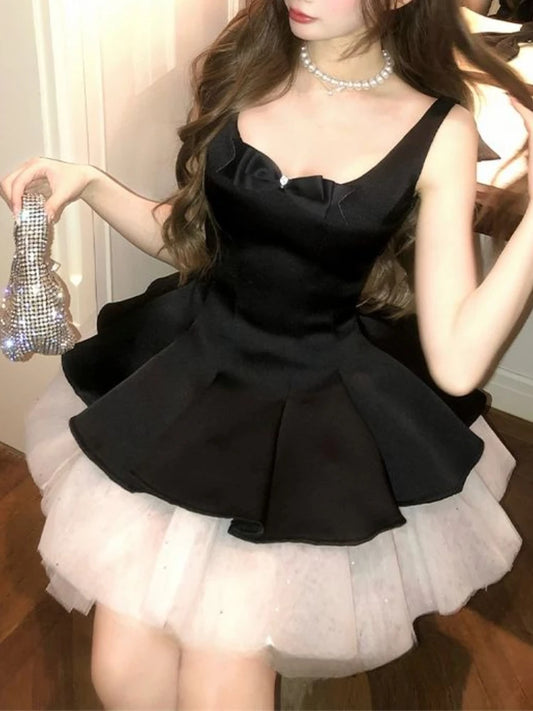 French Elegant Princess Style Slim Dress Women Mesh Black White Contrasting Puffy Dresses Summer Hepburn Chic Party Clothes 2025