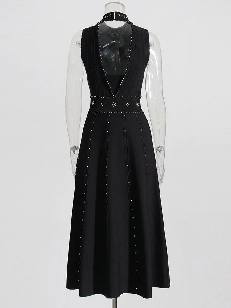 TWOTWINSTYLE Solid Patchwork Diamonds Designer Dresses For Women Round Neck Sleeveless High Waist Slimming Dress Female Fashion