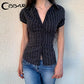 CIBBAR Black Striped Print Blouse Vintage 2000s Button Up Puff Short Sleeve Crop Top Women Korean Fashion T Shirt Streetwear y2k