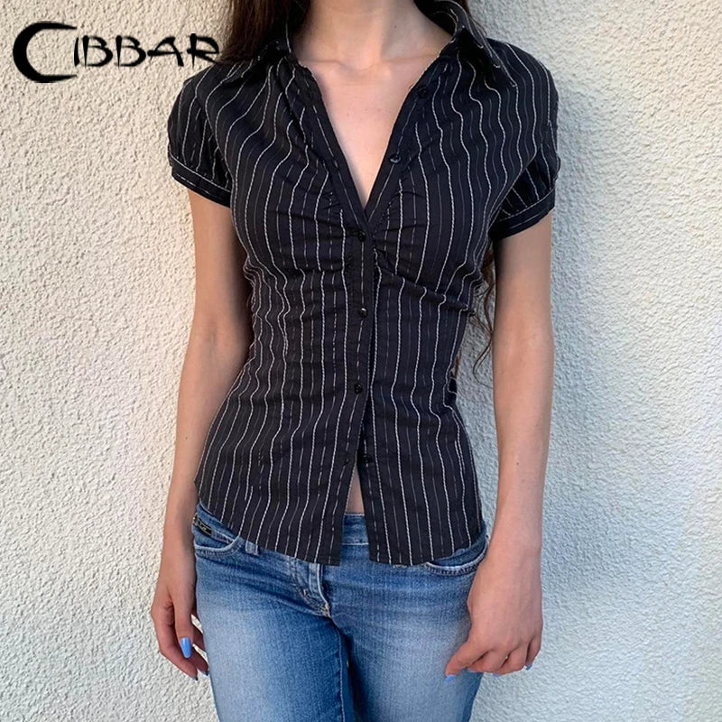CIBBAR Black Striped Print Blouse Vintage 2000s Button Up Puff Short Sleeve Crop Top Women Korean Fashion T Shirt Streetwear y2k