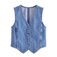 TRZA Women Fashion Front Button Denim Waistcoat Vintage V Neck Sleeveless Female Outerwear Chic Vest Tops