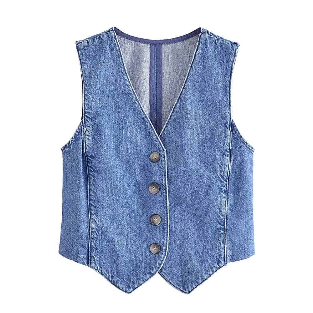TRZA Women Fashion Front Button Denim Waistcoat Vintage V Neck Sleeveless Female Outerwear Chic Vest Tops