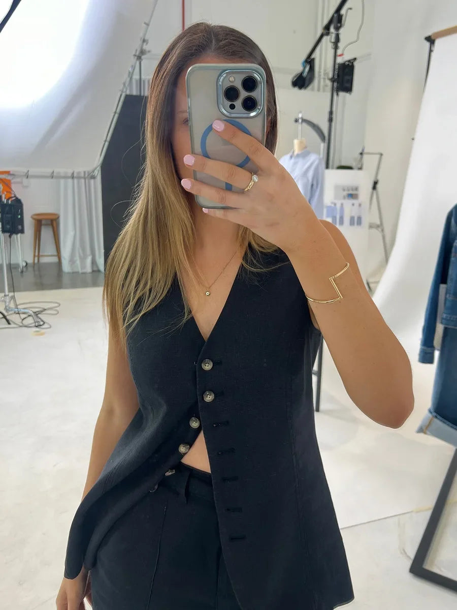 Wolfeel Cotton linen Chic Casual Vest Shorts Set Women's Fashion Commuter Sleeveless Tank Top Loose Shorts Suits Summer New
